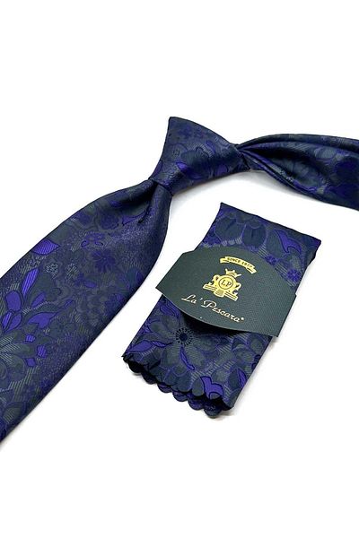 Kravatkolik Classic Tie with Smoked Flower Pattern Handkerchief Kk12945