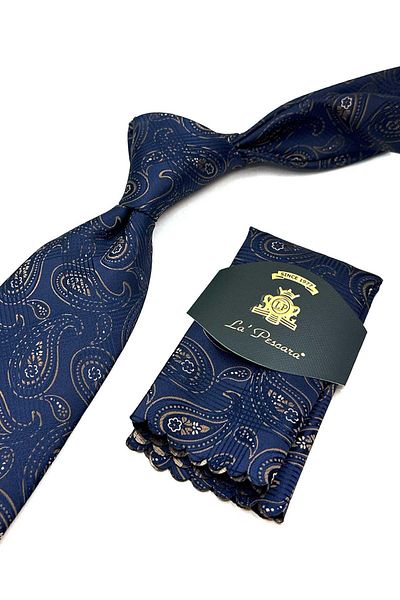 Kravatkolik Navy Blue Shawl Pattern Classic Tie with Handkerchief Kk13011