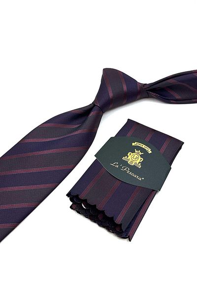 Kravatkolik Classic Tie with Plum Line Pattern Handkerchief Kk12880