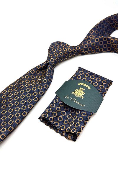 Kravatkolik Navy Blue - Yellow Small Pattern Handkerchief Classic Tie Kk13030
