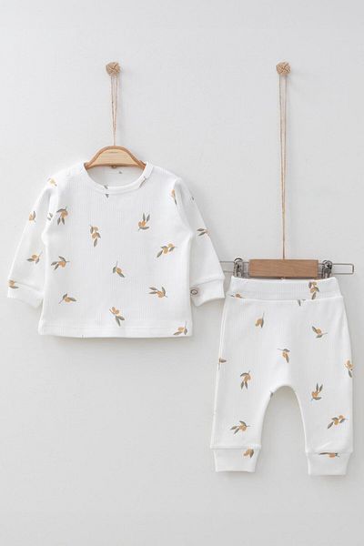 Mini Ropa Olive Printed Ribbed Baby Set - Ecru Cotton Clothes Set