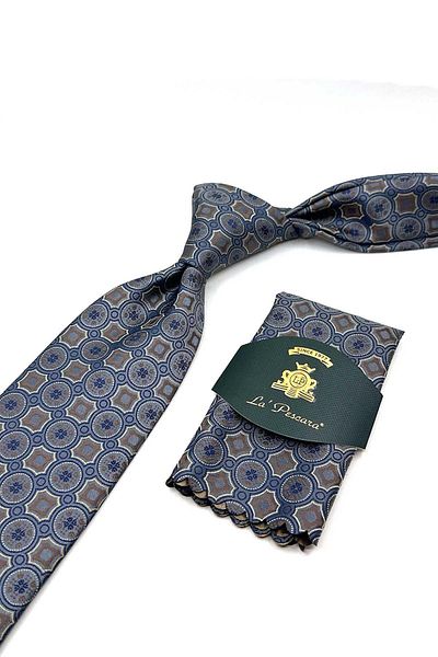 Kravatkolik Classic Tie with Gray Motif Pattern Handkerchief Kk12957