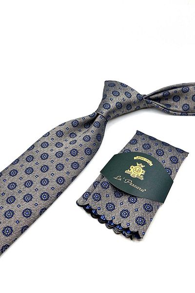 Kravatkolik Classic Tie with Beige Motif Pattern Handkerchief Kk12909