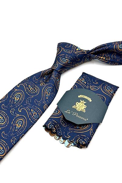 Kravatkolik Navy Blue - Mustard Shawl Pattern Classic Tie with Handkerchief Kk13009