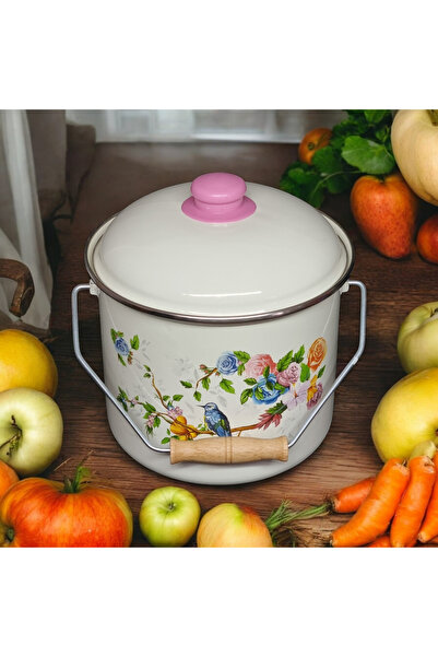 qussine Enamel Bakraç Yoghurt Pot Potato Onion Bucket Colorful Pattern 18cm