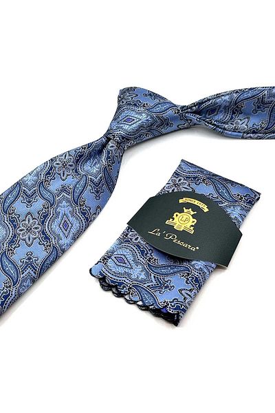 Kravatkolik Classic Tie with Blue Shawl Pattern Handkerchief Kk12860