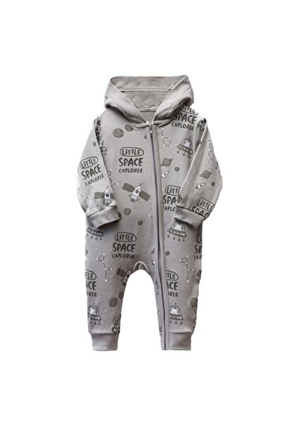 bebegen Baby Boy Gray Space Printed Zippered Hooded Romper