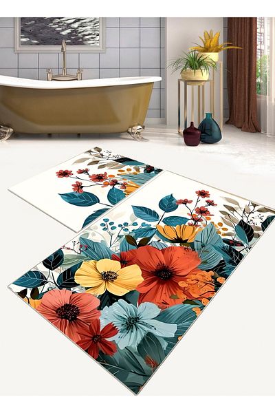 Ardizayn 60x100 και 50x60cm Πολύχρωμο μοτίβο λουλουδιών Αντιολισθητικό βαμβακερό χαλί μπάνιου Σετ 2 τεμαχίων