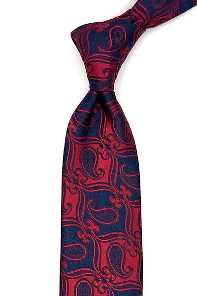 Kravatkolik Red - Navy Blue Classic Tie with Shawl Pattern Handkerchief Kk12885