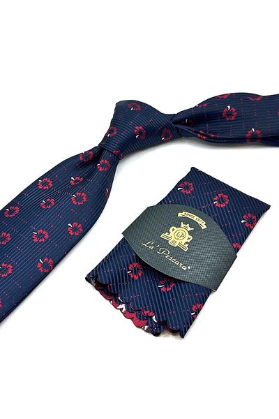 Kravatkolik Navy Blue Floral Pattern Classic Tie with Handkerchief Kk13020