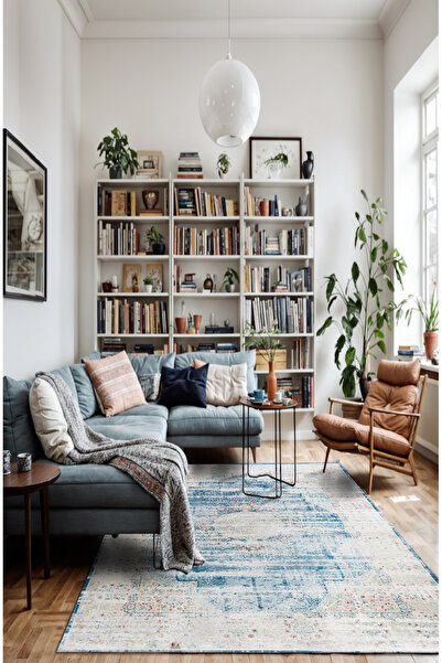 BigArts Home Pastel Mavi Modern Vintage Desenli Göbekli Bej Salon Halısı, Dok...