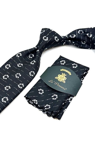 Kravatkolik Black Floral Pattern Handkerchief Classic Tie Kk13025
