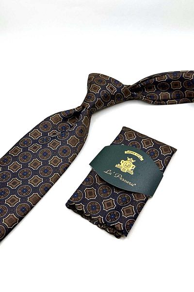 Kravatkolik Classic Tie with Brown Motif Pattern Handkerchief Kk12951