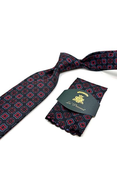 Kravatkolik Classic Tie with Black Motif Pattern Handkerchief Kk12952
