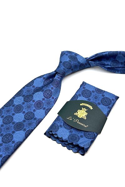 Kravatkolik Classic Tie with Blue Polka Dot Pattern Handkerchief Kk12991