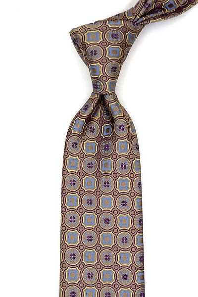 Kravatkolik Classic Tie with Beige Motif Pattern Handkerchief Kk12953