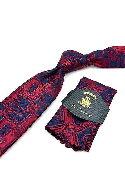 Kravatkolik Red - Navy Blue Classic Tie with Shawl Pattern Handkerchief Kk12885
