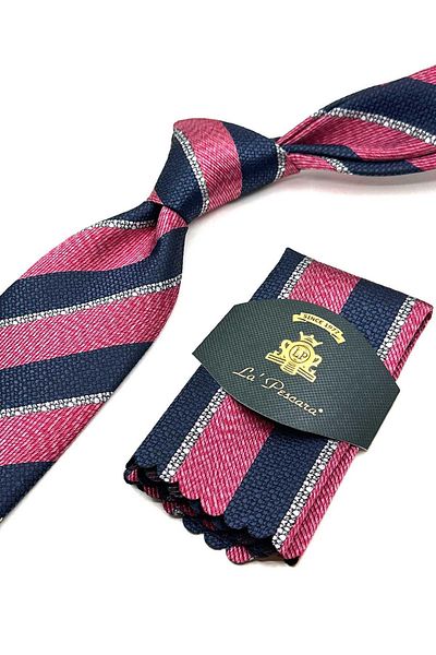 Kravatkolik Fuchsia - Navy Blue Line Pattern Classic Tie with Handkerchief Kk13104