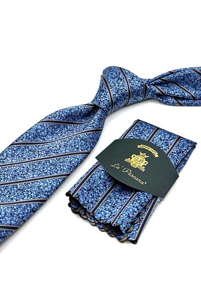 Kravatkolik Classic Tie with Blue Line Pattern Handkerchief Kk12913