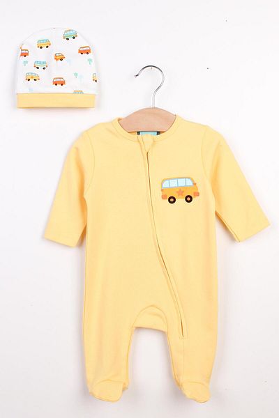 Mini Ropa Bus Printed Yellow Baby Romper Zippered Yellow Baby Boy Romper