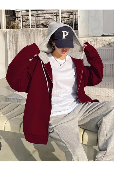 Keywest Claret Red Hood Grey Unprinted 3 κλωστών Oversize Fleece Jacket - Ζακέτα