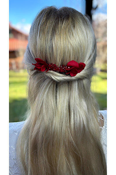 Eva Flore Red Floral Print Bridal Hair Accessory - Hydrangea Pearls, Wedding Comb Barrette, Bun Barrette