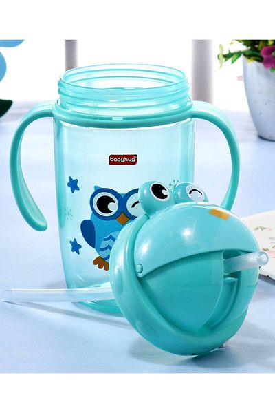 Babyhug Owl Printed Drinking Bottle with Straw Blue - 360ml