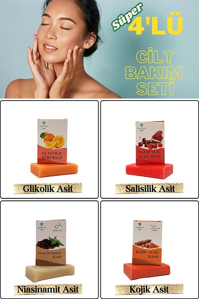 Anatolia Soap Set of 4 Kojic Niacinamide - Glycolic, Salicylic Acid, Soap, Skin Blemish Remover and Hyaluronic
