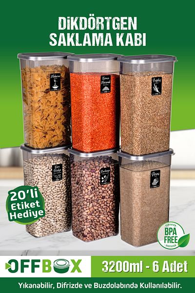 OFFBOX 3.2 Lt. 6-Piece Large Size Storage Set - Rectangular Nuts and Food Pulses Box with 20 Labels