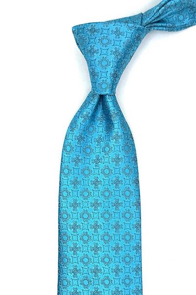 Kravatkolik Classic Tie with Cyan Motif Pattern Handkerchief Kk12839
