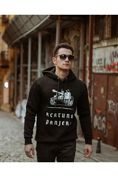 Tilki Shop WW2 - ACHTUNG PANZER - Özel Tasarım Siyah Hoodie