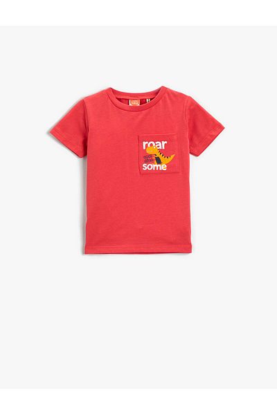 Koton Pocket Detailed Dinosaur Printed Crew Neck T-Shirt Cotton