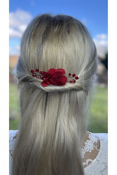 Eva Flore Red Floral Print Bridal Hair Accessory - Hydrangea Pearls, Wedding Comb Barrette, Bun Barrette