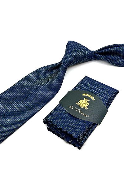 Kravatkolik Green - Navy Blue Sand Pattern Classic Tie with Handkerchief Kk12936