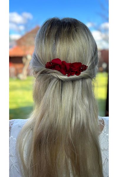 Eva Flore Red Floral Print Bridal Hair Accessory - Hydrangea Pearls, Wedding Comb Barrette, Bun Barrette