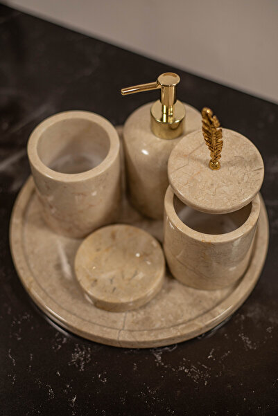 Home Doğal Mermerden 5 Parça Yuvarlak  Banyo Seti