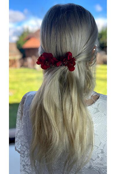 Eva Flore Red Floral Print Bridal Hair Accessory - Hydrangea Pearls, Wedding Comb Barrette, Bun Barrette