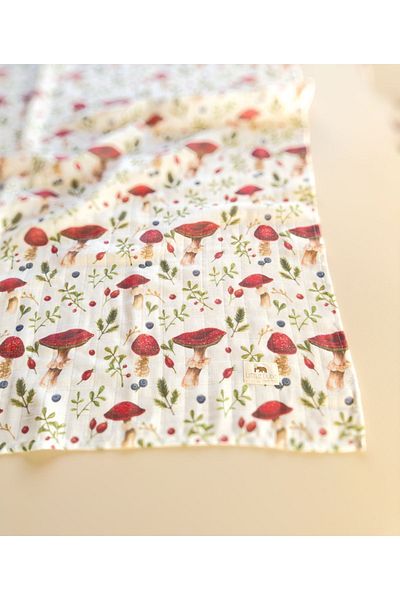 Little Dude 100% Organic Cotton Double Layer Red Mushroom Patterned Muslin Blanket - 100cm*100cm