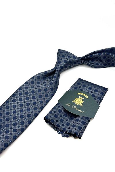 Kravatkolik Classic Tie with Smoked Motif Pattern Handkerchief Kk13033