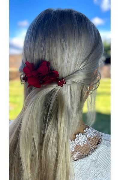 Eva Flore Red Floral Print Bridal Hair Accessory - Hydrangea Pearls, Wedding Comb Barrette, Bun Barrette