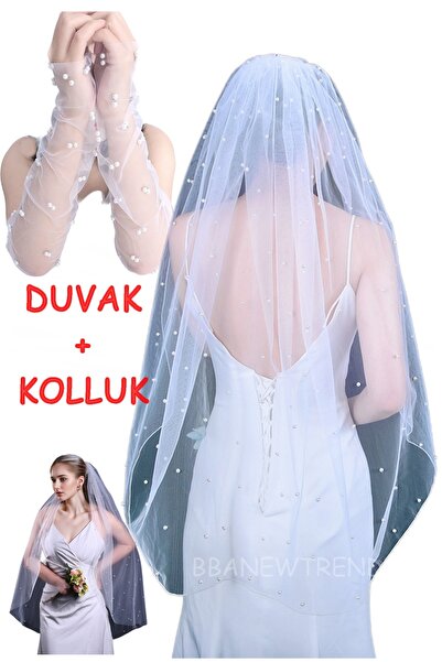 bbays new trend İNCİLİ GELİN KOLLUK+ İNCİL GELİN DUVAK 80 CM  İNCİ GELİN DUVA...
