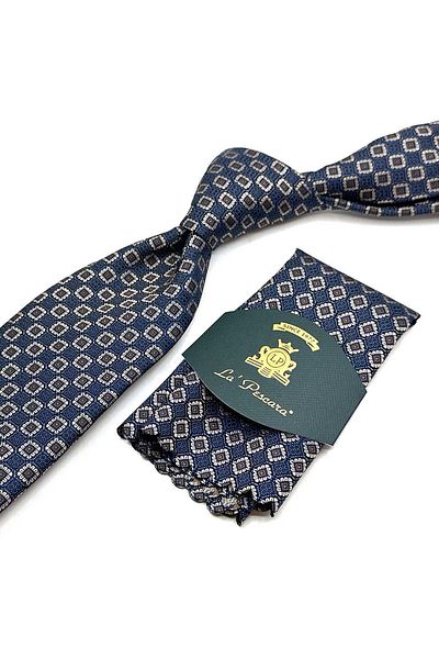 Kravatkolik Navy Blue - Beige Small Pattern Handkerchief Classic Tie Kk13031