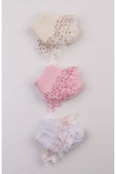 Mini Ropa Ecru Pink White Tulle Cotton 3-Piece Baby Socks