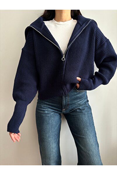 Nopen Knitwear Lacivert Devrik Yaka Fermuarlı Triko Hırka