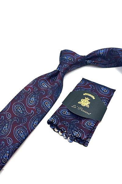 Kravatkolik Claret Red Shawl Pattern Classic Tie with Handkerchief Kk13007