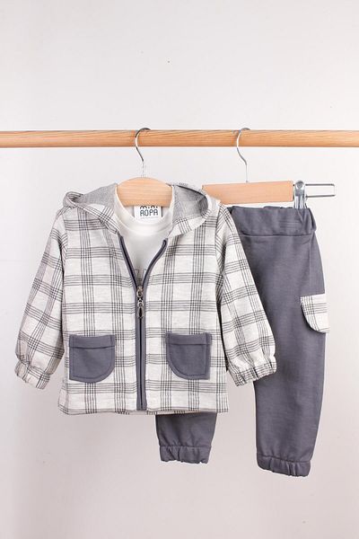 Mini Ropa Smoked Hooded 3-Piece Baby Set 3-Piece Baby Set with Cardigan Stylish Baby Set