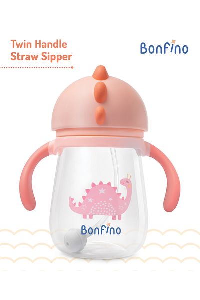 Bonfino Dino Print Straw Sipper Cup for Toddlers - Pink, 240mL, Spill & Leakproof, Ergonomic Handle