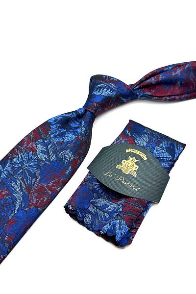 Kravatkolik Blue - Red Leaf Pattern Classic Tie with Handkerchief Kk13043
