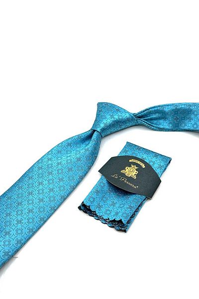 Kravatkolik Classic Tie with Cyan Motif Pattern Handkerchief Kk12839