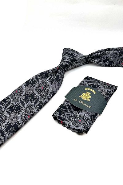 Kravatkolik Classic Tie with Black Shawl Pattern Handkerchief Kk12859